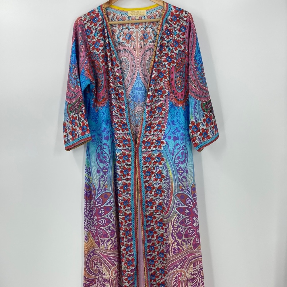 Boho long duster multi color lightweight floral pinks blues turquoise